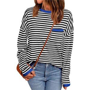 Striped Oversized Knit Sweater – Soft Cotton Pullover with Chest Pocket
